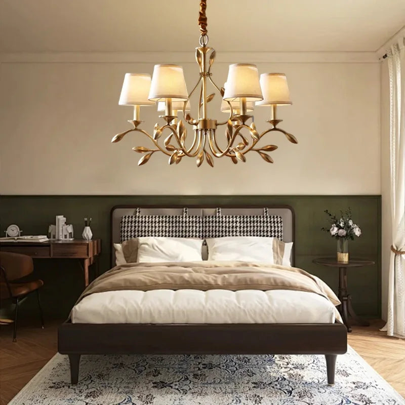 American Retro Luxury Gold Copper Chandeliers Living Dining Bedroom Pendant Lights Fabric Shades Flower Deco Led Lighting Lamps