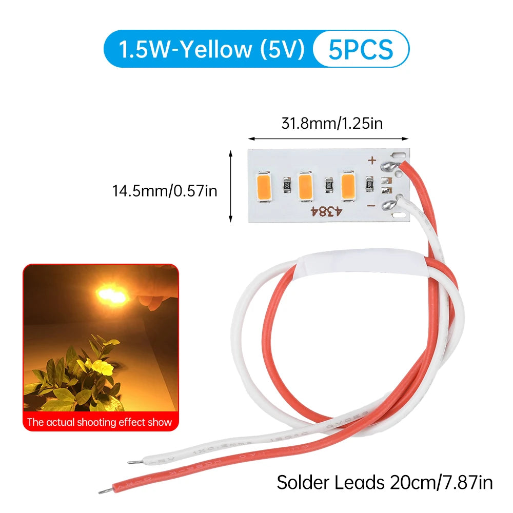 5-Pack 1.5W 5V 5730 SMD LED Color Lamp Boards with Wires - High-Brightness Light Source Modules (Red, Yellow, Green, Blue, Warm White)