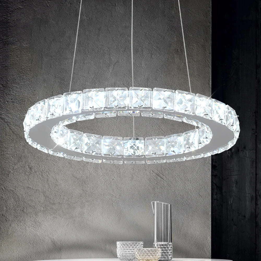 Modern Crystal Ceiling Lamp Luxury Rings Chrome Pendant Lighting Plafon Led Lamparas Indoor Fixtures Stainless Steel Hanging Lam