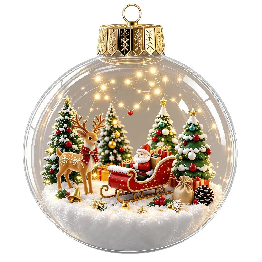 Clear Acrylic Lighted Christmas Ball Ornament Mini Interior Scene Warm LED Light-Up Tree Hanging Bauble Cartoon Shock-Resistant