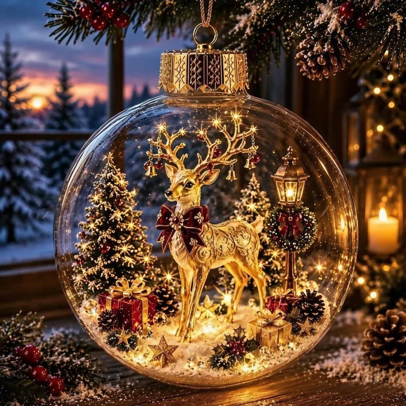 8CM Acrylic Material Christmas Ball Ornament with Light Size Hanging Christmas Decor Transparent Design Santa Claus Pendant