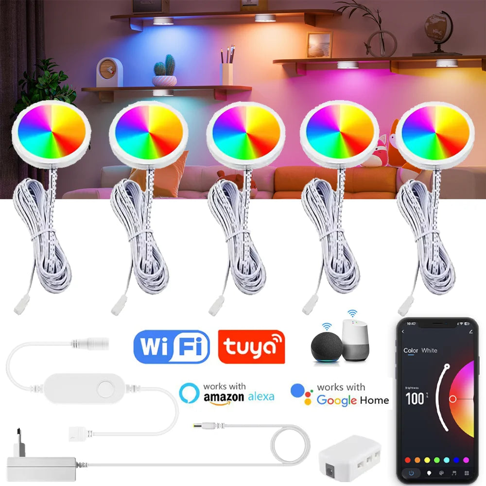 Tuya WIFI DC12V RGB Color Under Cabinet Lights Dimmable Puck Light Festival Wardrobe Bedroom Kitchen for Alice Alexa Google Home