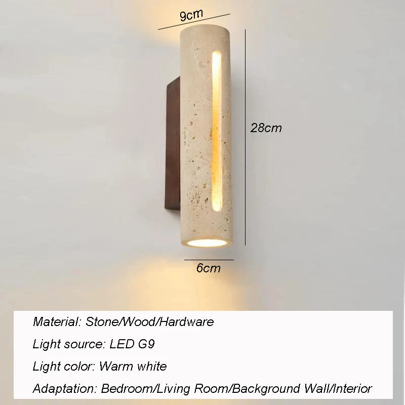 Yellow Cave Stone & Wood LED Wall Sconce Lamp - Wabi-Sabi Natural Travertine Stone Wall Light for Living Room, Bedroom Bedside & Corridor Decor