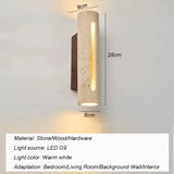 Yellow Cave Stone & Wood LED Wall Sconce Lamp - Wabi-Sabi Natural Travertine Stone Wall Light for Living Room, Bedroom Bedside & Corridor Decor