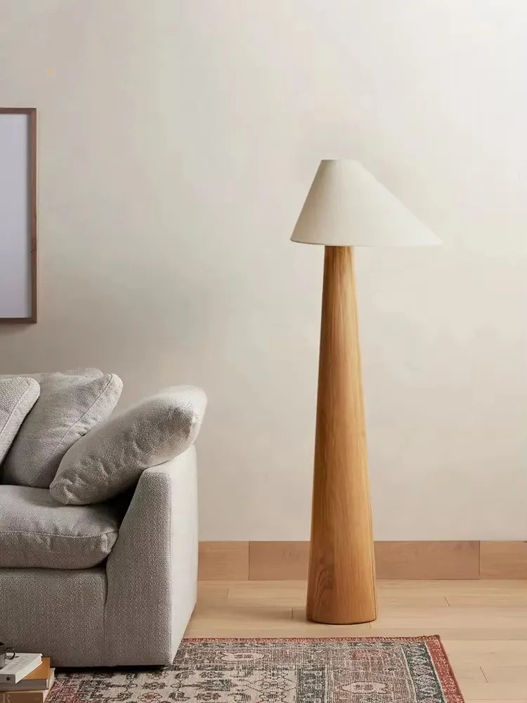 Conical Oak Solid Wood Floor Lamp - Retro Wabi-Sabi Standing Light & Desk Lamp Fixture for Living Room, Bedroom & Study