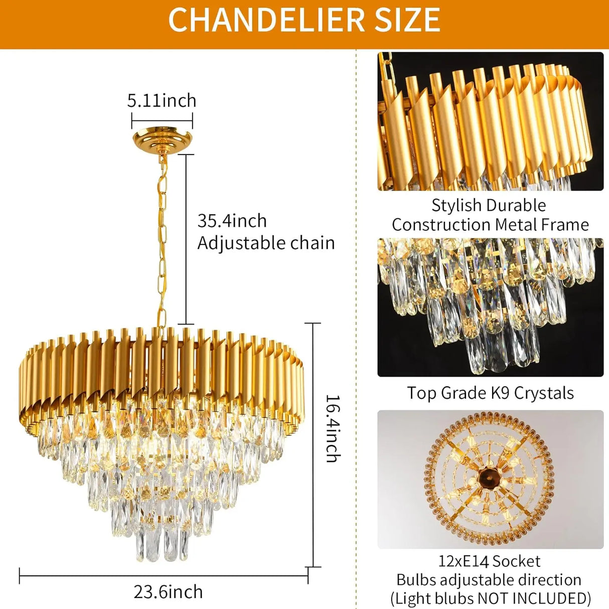 Modern Gold Crystal Chandelier, 5-Tier Raindrop Effect K9 Crystal Chandelier for Living Room/Dining Room/Bedroom