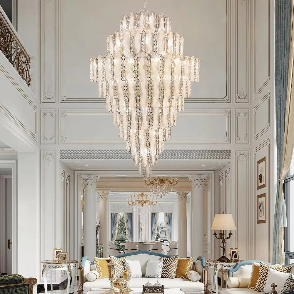 Luxury Large Crystal Chandelier High Ceiling Vila Living Room Rose Gold Crystal Pendant Lights Chandeliers Vintage Lighting Lamp