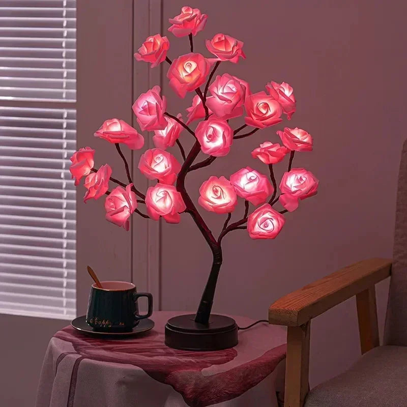 Novelty 24 LED Rose Flower Tree Lights USB Table Lamp Fairy Night Lamp Home Party Christmas Wedding Bedroom Decoration Gift