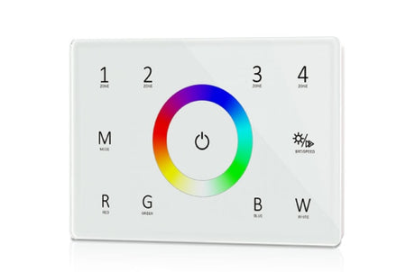 110-240VAC Input T11(IT) 4 Zones Dimming Glass Touch Panel DMX Master T12 CCT / T13 RGB / T14 RGBW DMX512 2.4G RF AC Controller