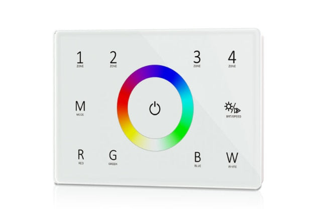 110-240VAC Input T11(IT) 4 Zones Dimming Glass Touch Panel DMX Master T12 CCT / T13 RGB / T14 RGBW DMX512 2.4G RF AC Controller
