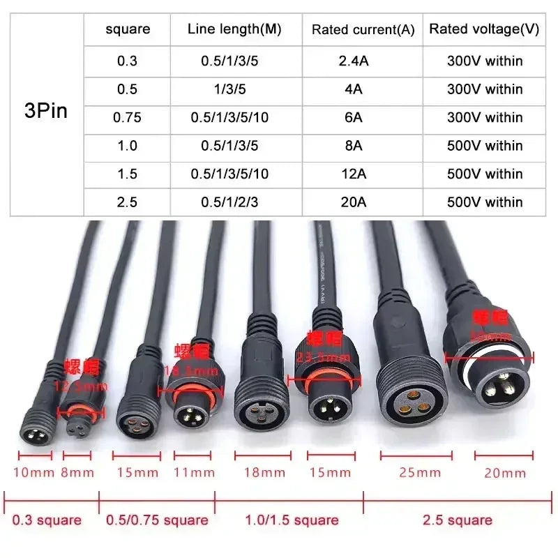 Outdoor IP67 2 3 4 5 6 7 8 Pin Power Connector Wire Waterproof LED Docking Plug Cable 0.3-2.5 Square Male Female Extension Line