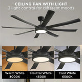 72 inch Large Diameter Black Ceiling Fan, DC Motor Remote Control, 6-speed Reversible, Living Room, Rerrace Pendant Light