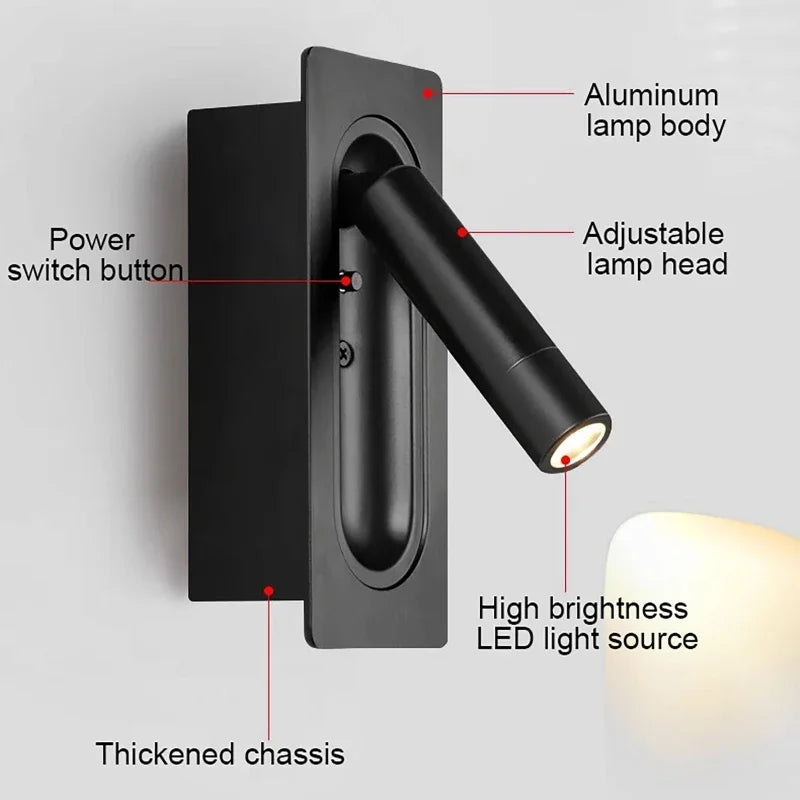 LED Ambient Reading Light Adjustable Recessed Wall Light Wide Voltage 85V-265V Indoor Rotatable Bedside Reading Light