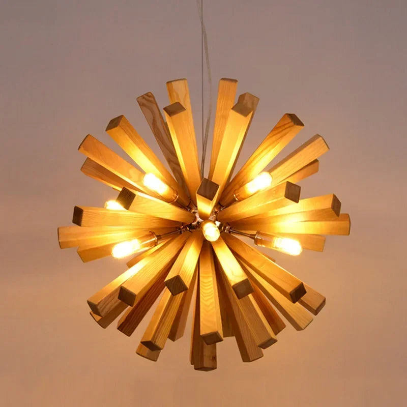 Japanese Wooden Dandelion Wabi-Sabi Pendant Light - Natural Wood Burst Ceiling Chandelier Lamp Fixture for Living Room, Restaurant & Loft Decor