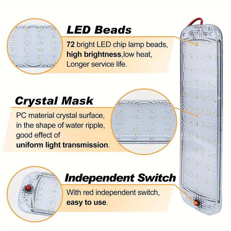72 LED 12V-80V Car Interior Light Bar - Universal Switched Ceiling Lamp for RV & Boat