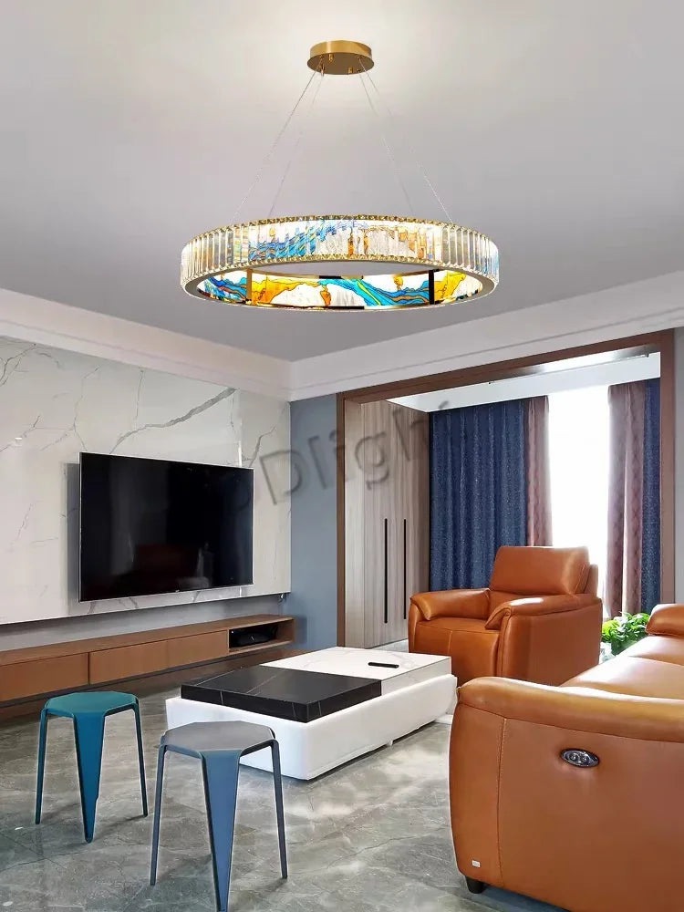 2025 Modern New Enamel Color Chandiler Lustre Crystal Glass Ceiling Light Luxury LED Ring Villa Decor Bedroom Living Dining Room