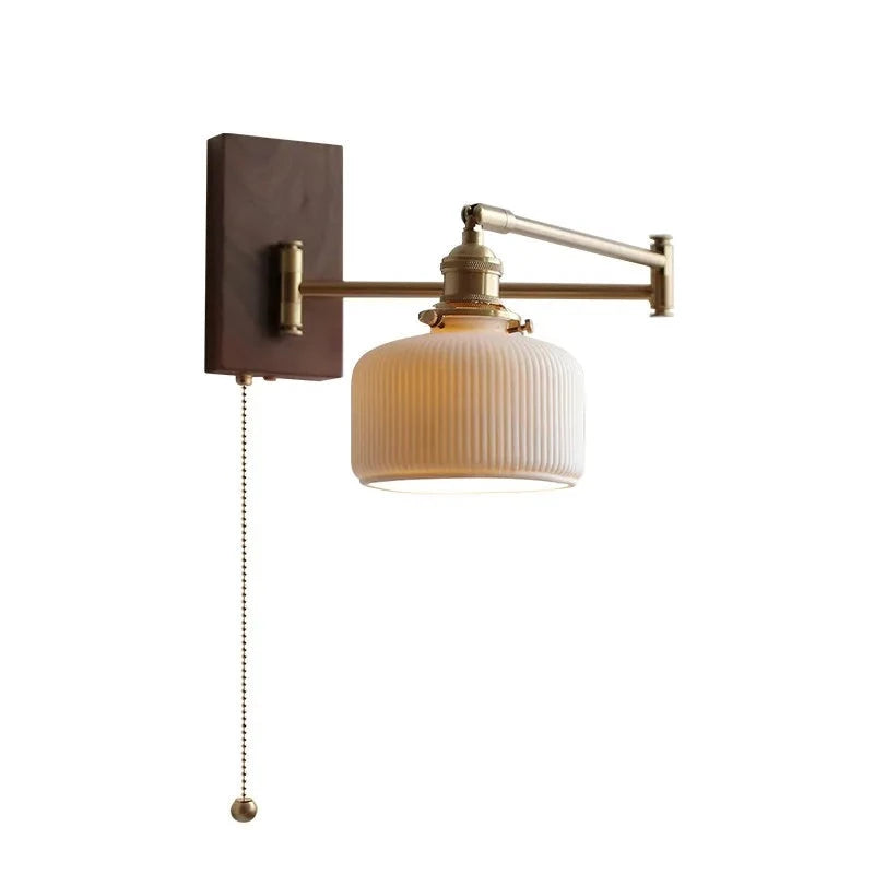 IWHD Pull Chain Switch LED Wall Lamp Beside Bedroom Living Room Light Arm Left Right rotate Wood Canopy Applique Murals Sconce
