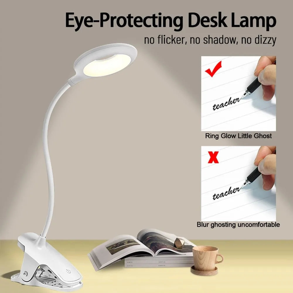 3 Level Brightness Clip on Desk Lamp Portable LED Reading Night Light Rechargeable Desk Light Dimmable Study Book Light Lamp