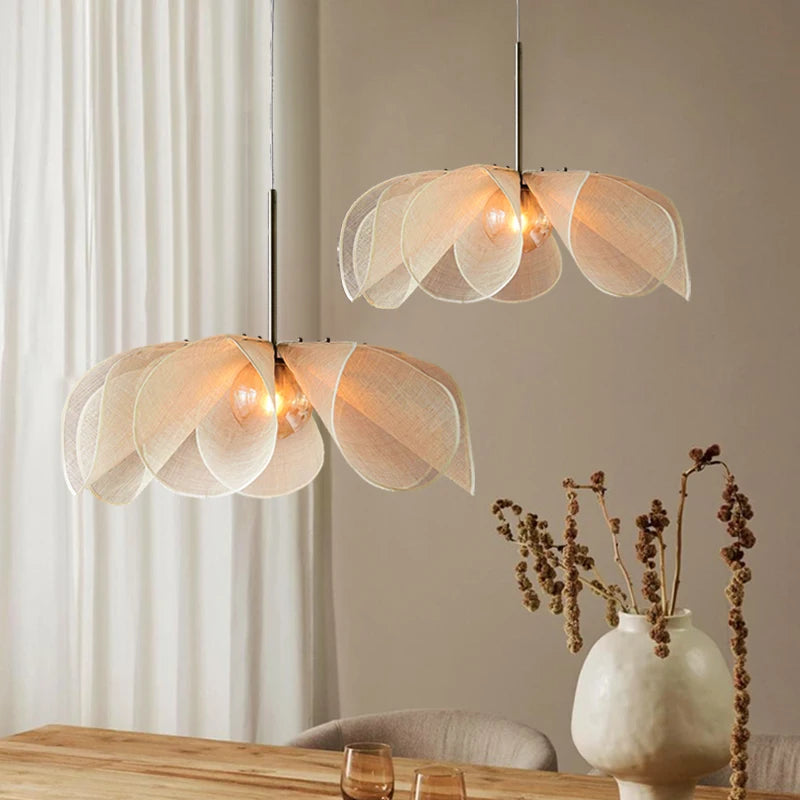 2026 Wabi Sabi Fabric Pendant Light - French Creamy LED Flower Chandelier