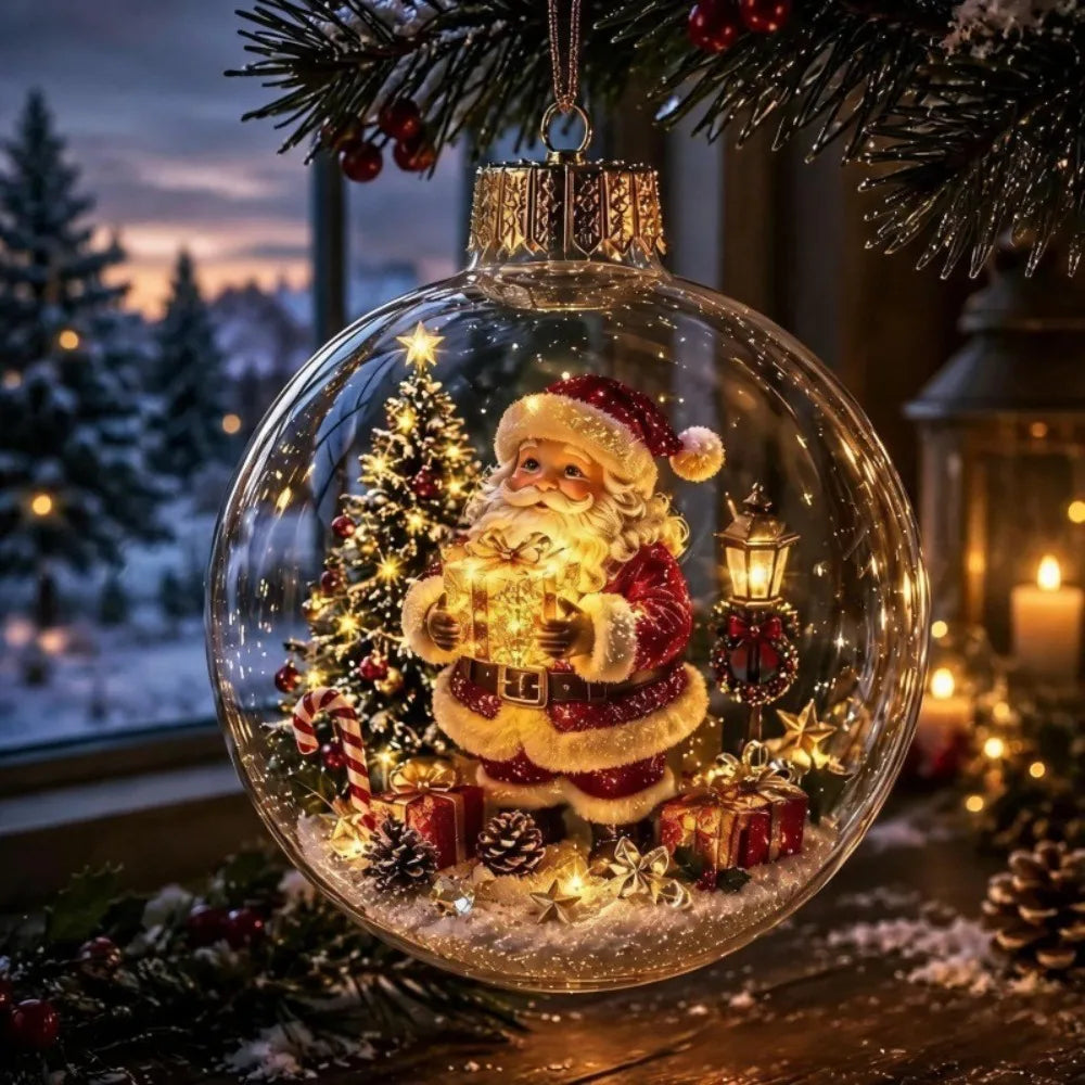 Acrylic Material Christmas Ball Ornament Transparent Design 8CM Size Santa Claus Pendant with Light Holiday Tree Pendant