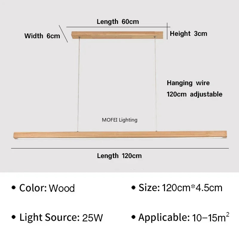 Nordic Long Wood Strip LED Pendant Light Dining Table Lamp Minimalism Suspension Chandelier Living Dining Room Lighting Fixture