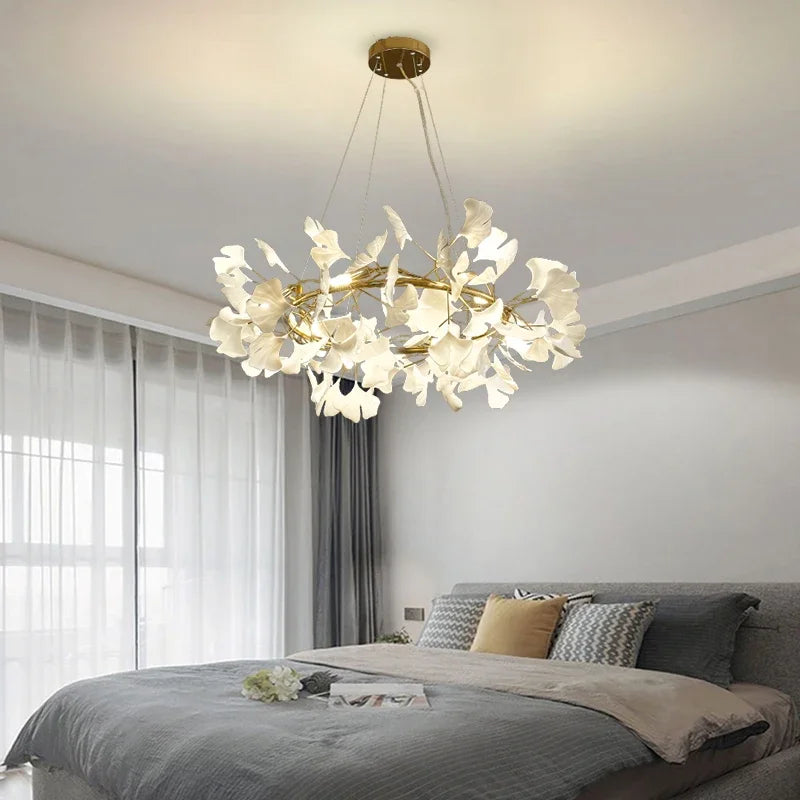Nordic Ginkgo Leaf LED Chandelier - Modern Round Interior Hanging Light