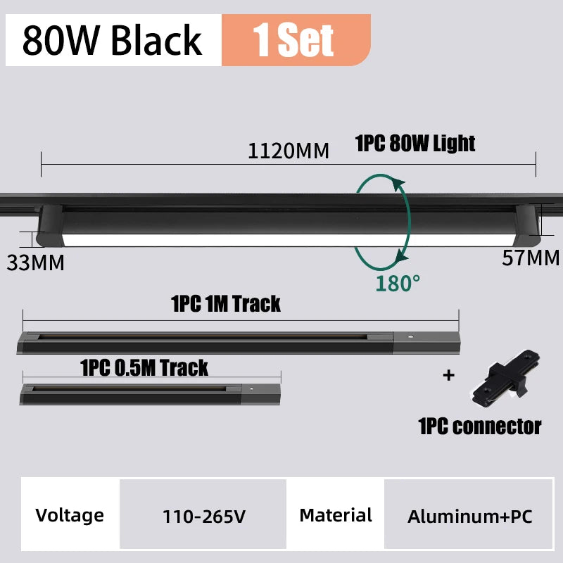 112CM LED Track Light Rail Set (40W/80W) - AC 85-264V Floodlight Spotlight Ceiling Lamp for Clothing Store & Living Room