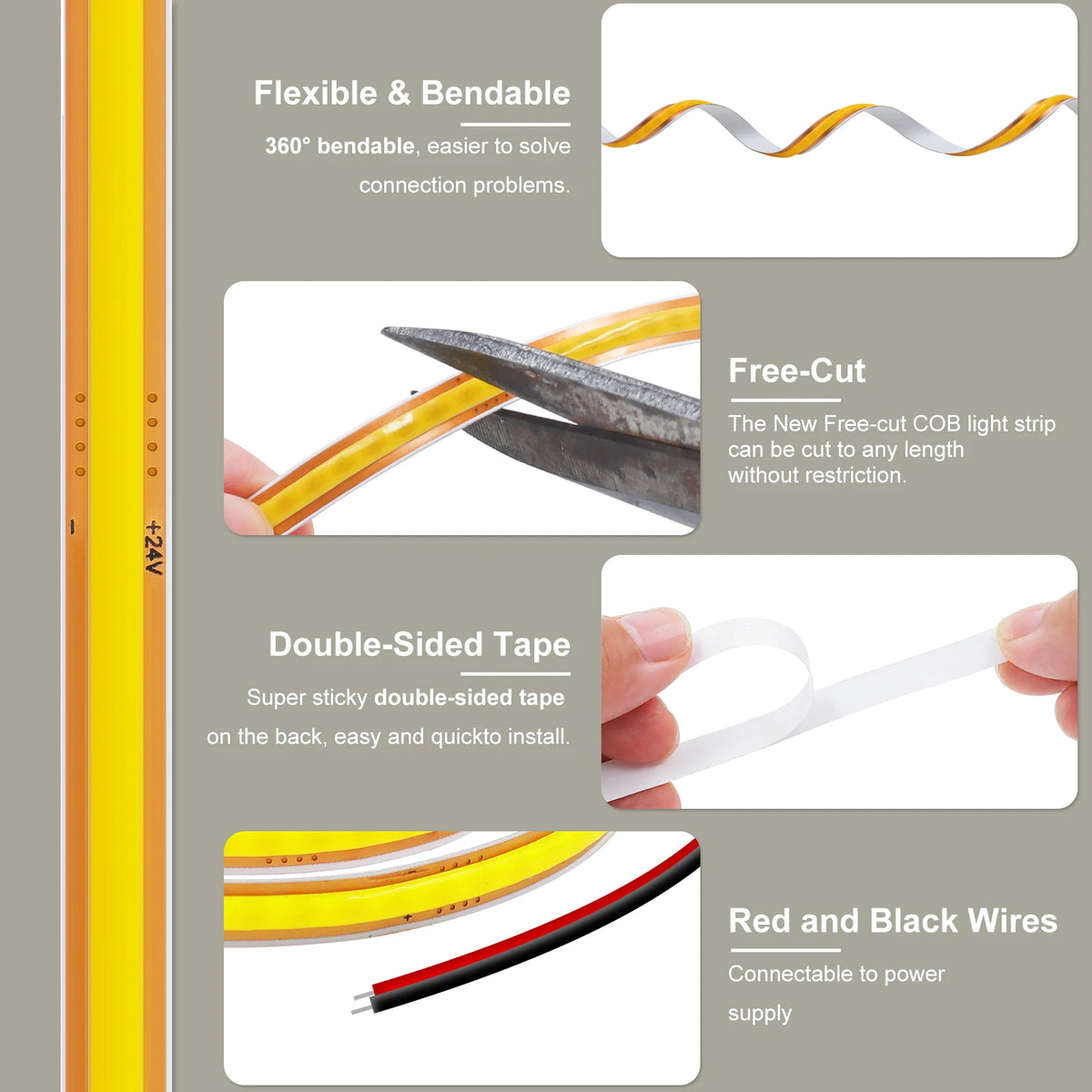 DC 12V/24V Cuttable COB LED Strip Lights (400 LEDs/m, 3000K/4000K/6000K) - Flexible Linear Tape Light for Indoor Home Decor (1m–10m)