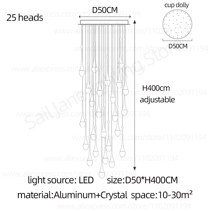 Nordic Minimalist Crystal Raindrop Pendant Light LED Staircase Chandelier For High Ceiling Villa Duplex Home Decor Living Room