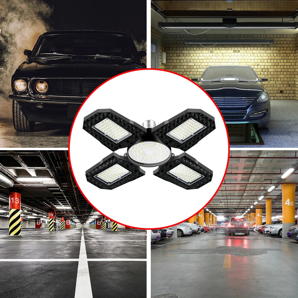 200W Deformable LED Garage Light (E26/E27) AC85-265V - Foldable High Bay Ceiling Lamp for Workshop, Warehouse & Basement