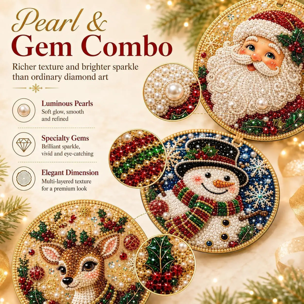 6Pcs Wooden Christmas Decoration DIY Pearl Art Kits for Adults, Xmas Tree Crafts Hanging Ornament Kit with Beads, Gems & Twine