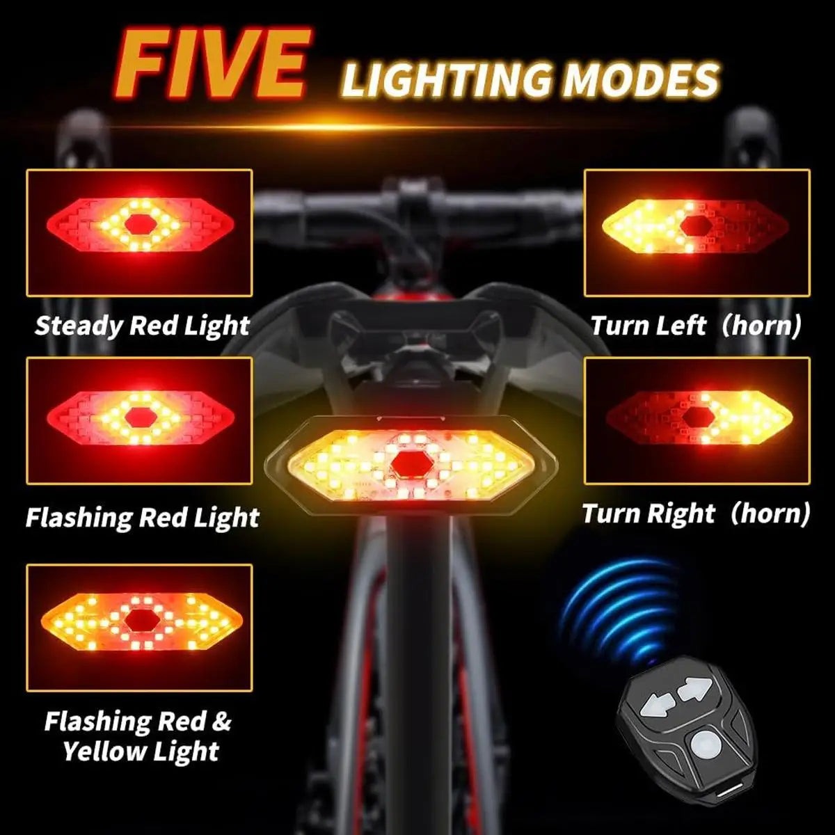 Wireless Turn Signal Bike Tail Light - Type-C Rechargeable Bicycle Warning Light