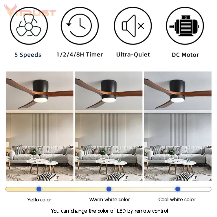 Nordic Frequency Conversion Wooden Ceiling Fan Home Decorative Ceiling Fan with 3 Solid Wooden Fan Blade Support 110-240V