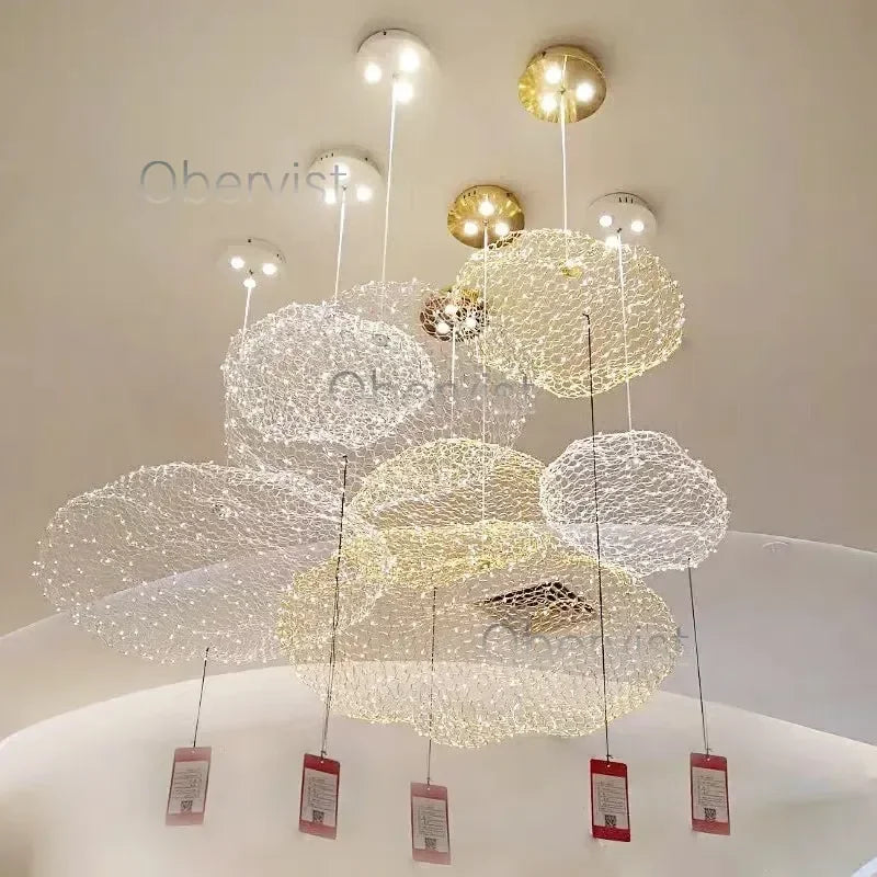 Nordic Art Floating Cloud Chandelier for Hotel Hall Restaurant Office Bar Pendant Lamp Suspended LED Luminaire with Spotlight