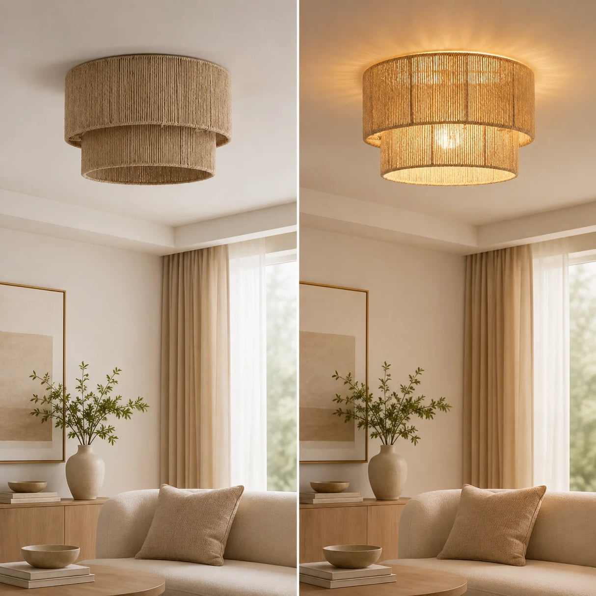 45CM Boho Rattan Semi Flush Mount Ceiling Light - Farmhouse Woven Hemp Rope E27 Lamp for Dining Room, Bedroom & Kitchen