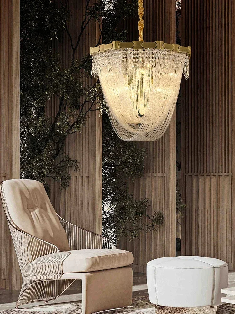 Luxury Brass Crystal Bead Curtains Chandeliers 2025 Modern LED Home Decor Hanging Lamps for Ceiling Living Room Lighting Fixture