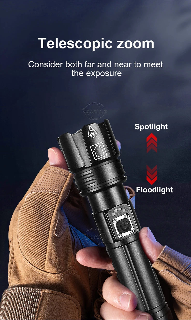 New Super Flashlights Torches Ultra Powerful Flashlight USB Recharge Flash Light 12000MAh LED Flashlight Zoom Tactical Lantern