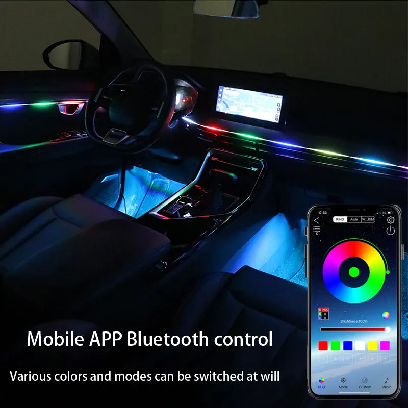 Car's atmosphere with 18 acrylic strips in 64 Colors , controlled by a Bluetooth app.