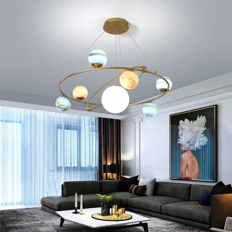 Nordic Planet Chandelier Ceiling Simple Living Room LED Pendant Lights Creative Moon Lamp Earth Children's Bedroom Hanging Light