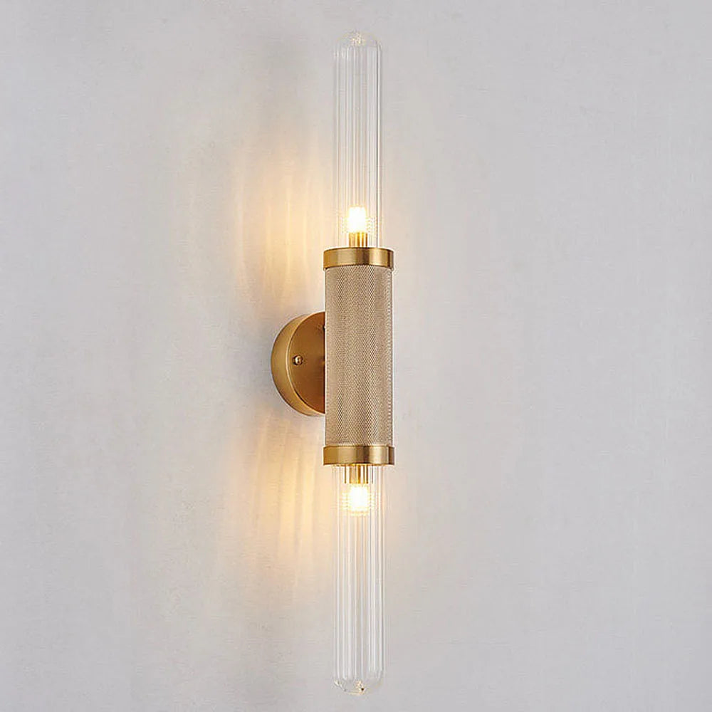 Modern Gold Wall Sconce 2-Light Ribbed Glass Wall Lamp for Bedroom Living Room