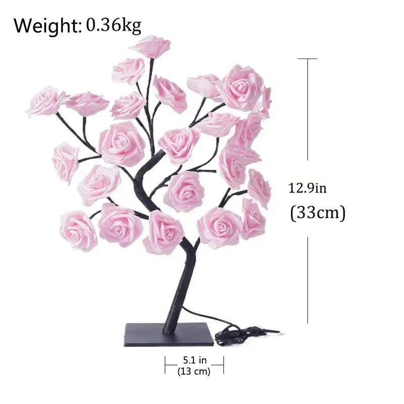Novelty 24 LED Rose Flower Tree Lights USB Table Lamp Fairy Night Lamp Home Party Christmas Wedding Bedroom Decoration Gift