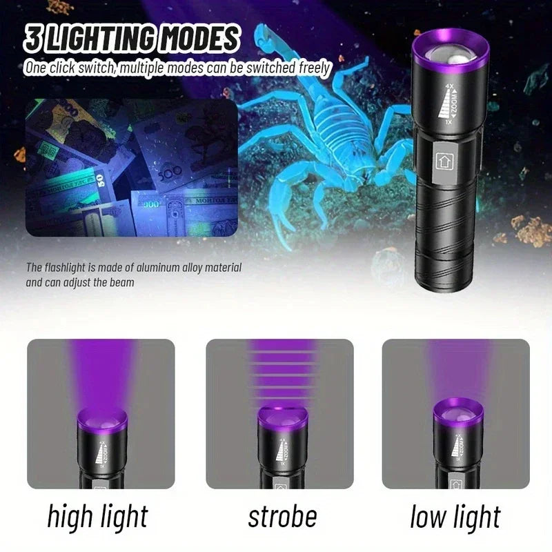 395NM UV Flashlight Rechargeable Ultraviolet Torch Pet Urine Scorpion Detector UV Lamp Anti-counterfeiting Bill Seal Detector