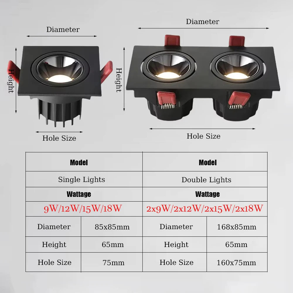 Dimmable Recessed COB LED Downlight 9W 12W 15W 18W Anti Glare LED Ceiling Lamp AC85~265V LED Ceiling Spot Lights Indoor Lighting