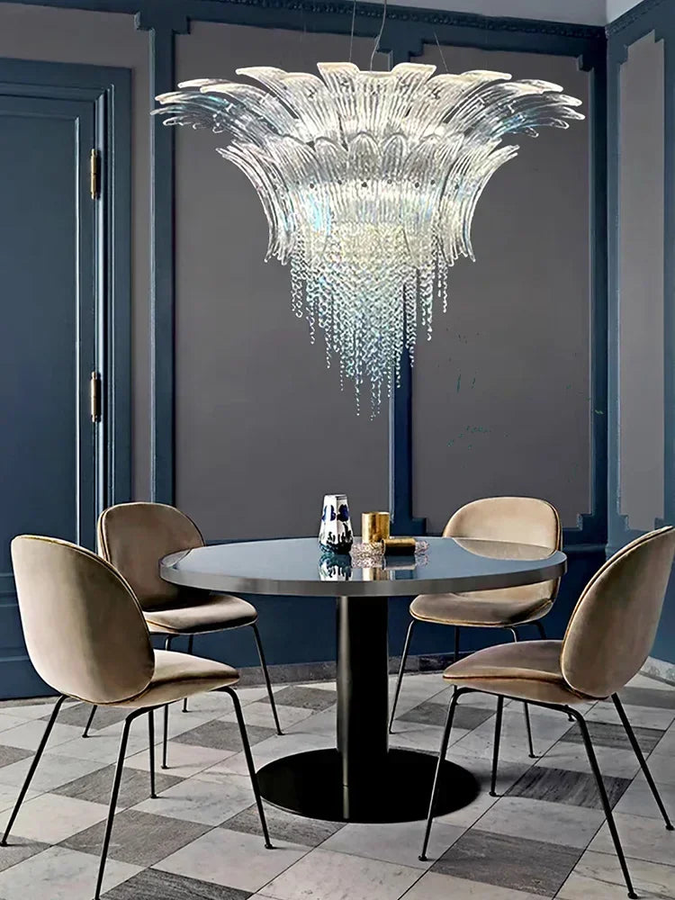 Petal Glass Flower Pendant Ceiling Lamp Minimalist Art Crystal Fringe Lamp for Living Room Staircase Villa Foyer Decor Lamp