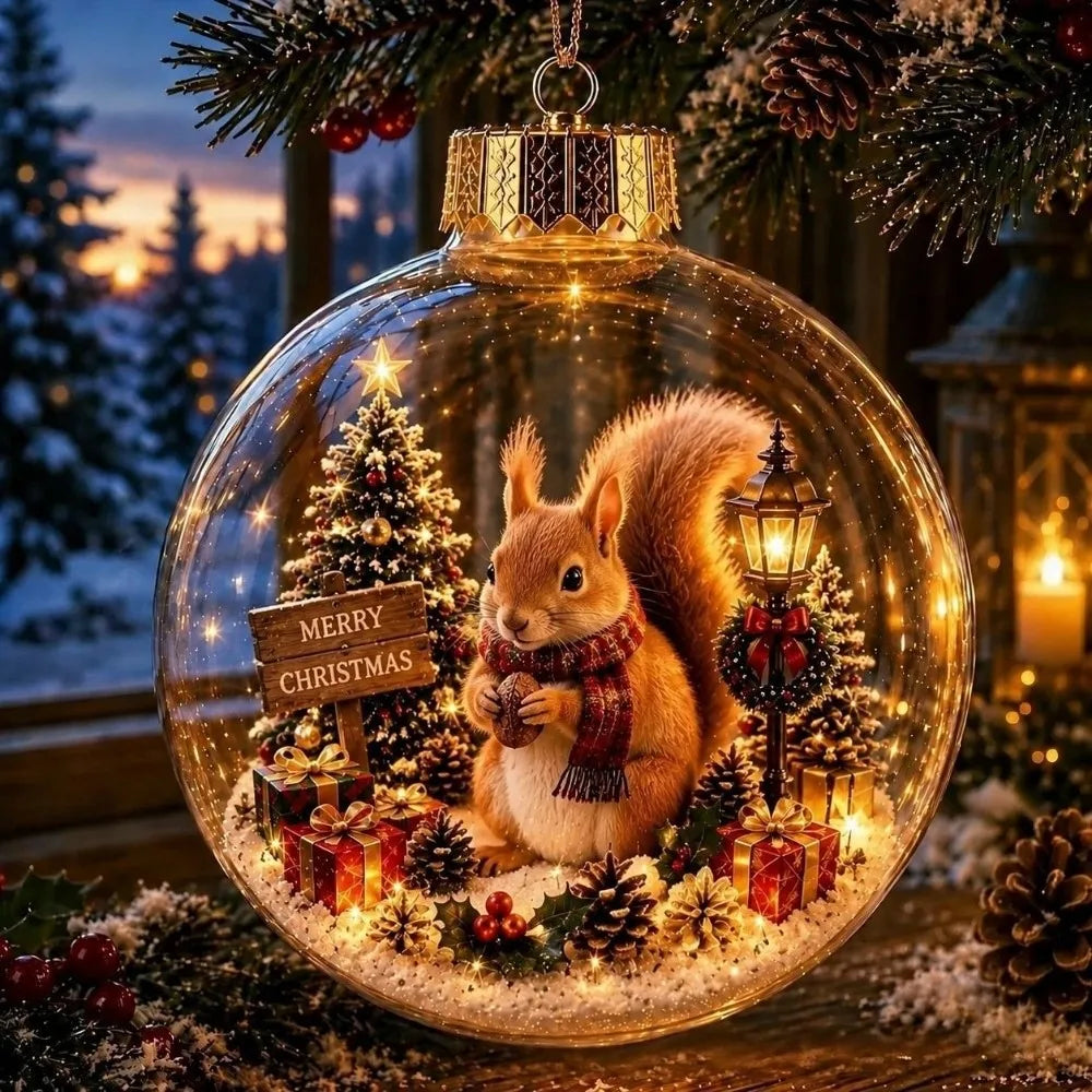 Light-Up Christmas Crystal Ball Spherical Clear Animal Snow Globe Ornament Animal Figure Hanging Holiday Decoration