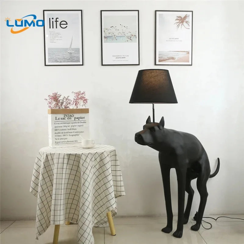 Designer Modern Black Resin Dog Floor Lamps Fabric Lampshade LED E27 Standing Light Living Room Restaurant Bedroom Kitchen Cafe