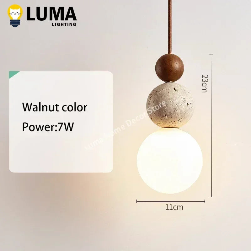 Yellow Travertine Pendant Light - Modern Cream Style Stone & Wood Hanging Lamp