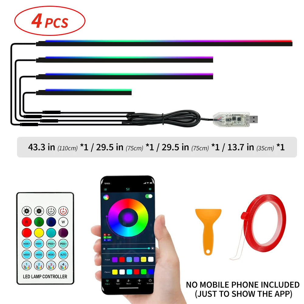 140cm USB Dreamcolor Acrylic Interior Car LED Strip Light with Wireless APP 55’‘RGB Music Fiber Optic Car Ambient Lighting Kit
