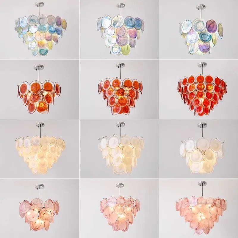 Multicolor Murano Glass Disc Chandelier (French Vintage Style) - Handblown Art Glass Pendant Light Fixture for Living Room & Dining Room Decor
