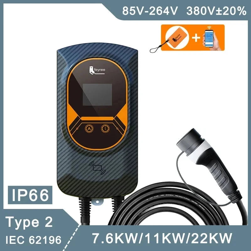 EVSE Wallbox Type2 Cable 32A 7.6KW EV Car Charger 11KW 22KW 3 Phase Charging Station APP RFID Cards Control for Electric Vehicle